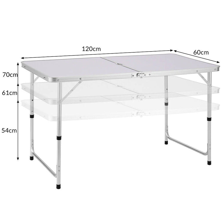 Tavolo Campeggio Picnic Pieghevole in Alluminio Altezza Regolabile 60 x 120 cm