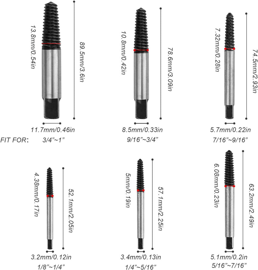 Estrattore Viti Danneggiate 1/8-1 Pollice, 6 Pezzi Estrattori Viti Danneggiate, Estrattore Viti Spanate, per Viti Danneggiate, Tubi