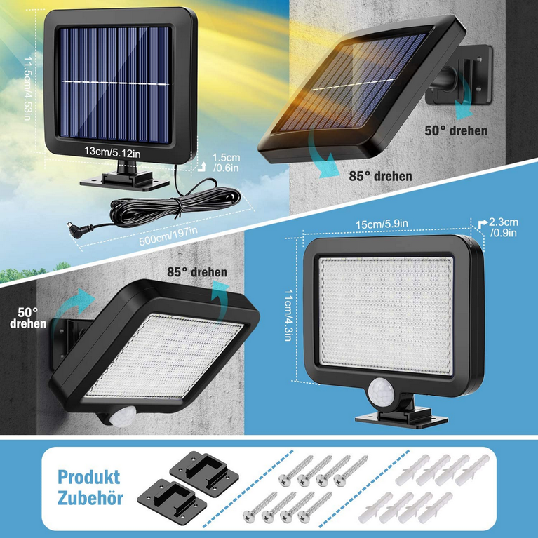 2X LAMPADE SOLARI DA ESTERNI FARO 30W PANNELLO RICARICA SOLARE SENSORE MOVIMENTO