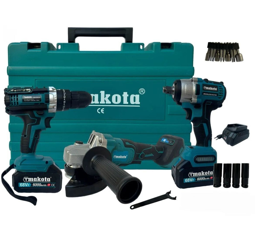 Kit Valigetta Makota con Utensile a Batteria 3 in 1 - Trapano Avvitatore a Percussione, Svitabulloni, Smerigliatrice 68V Brushless