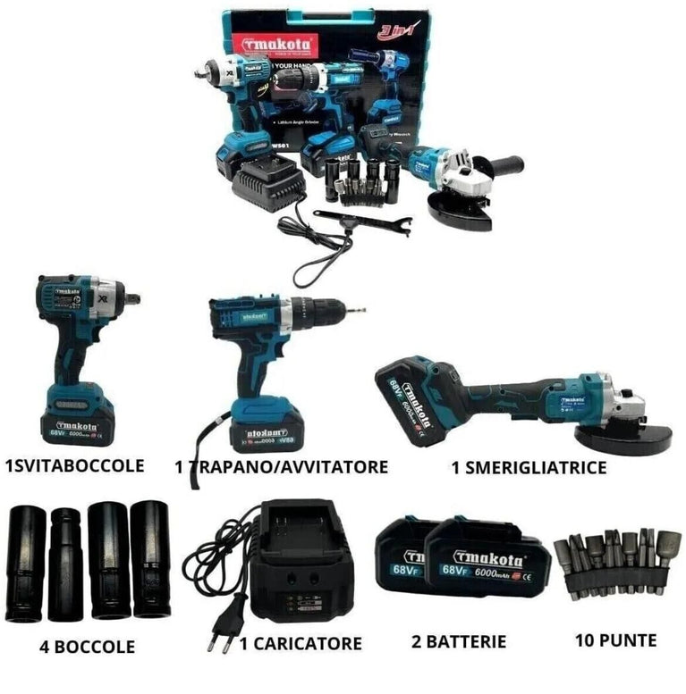 Kit Valigetta Makota con Utensile a Batteria 3 in 1 - Trapano Avvitatore a Percussione, Svitabulloni, Smerigliatrice 68V Brushless