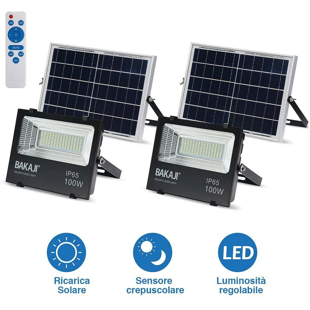 Set 2 Fari LED 100W Pannello Solare Luce Esterno Dimmerabile 1000lm + Telecomando