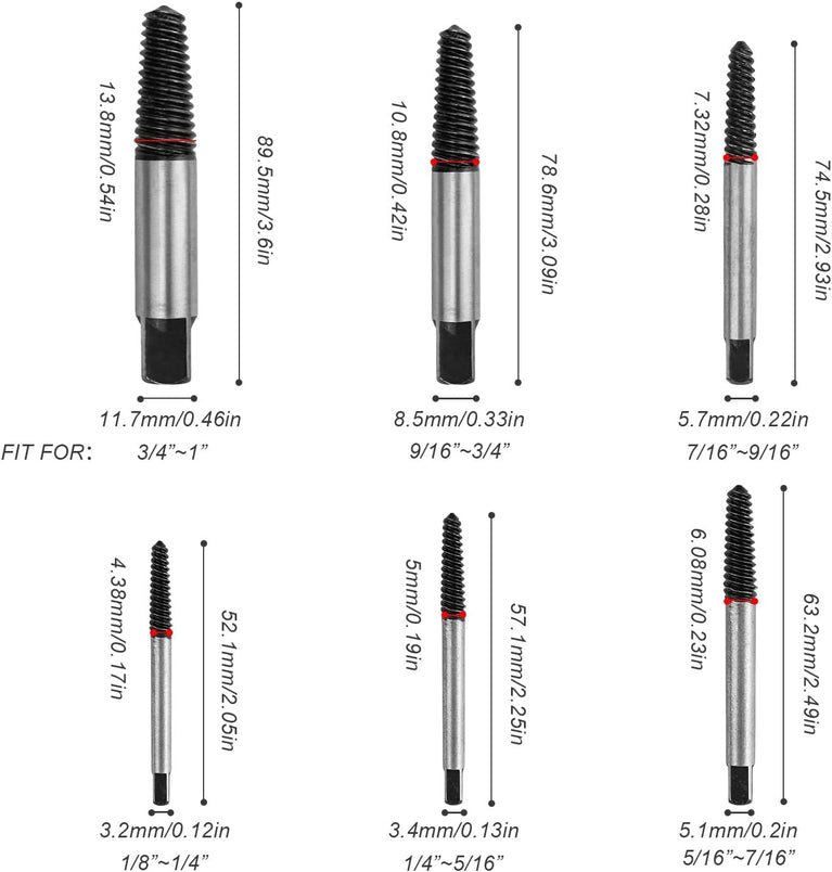 Estrattore Viti Danneggiate 1/8-1 Pollice, 6 Pezzi Estrattori Viti Danneggiate, Estrattore Viti Spanate, per Viti Danneggiate, Tubi