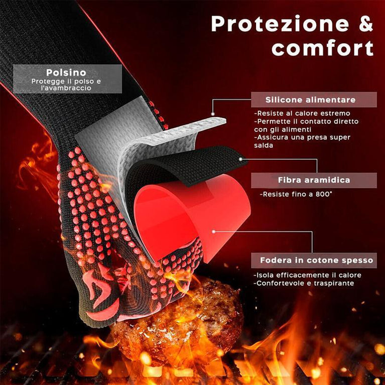 GUANTI BBQ DA FORNO CUCINA PER BARBECUE IGNIFUGO RESISTENTE CALORE FINO A 800°