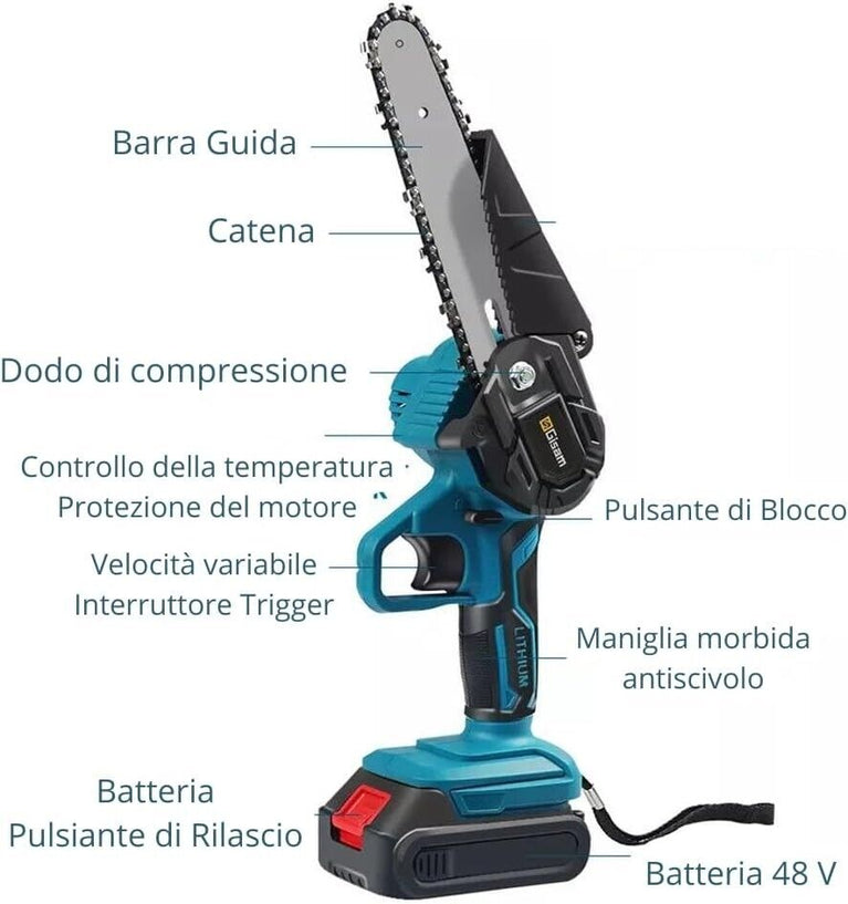 MINI MOTOSEGA A BATTERIA 48V 6 POLLICI LUBRIFICATA OLIO ELETTROSEGA TAGLIARAMI