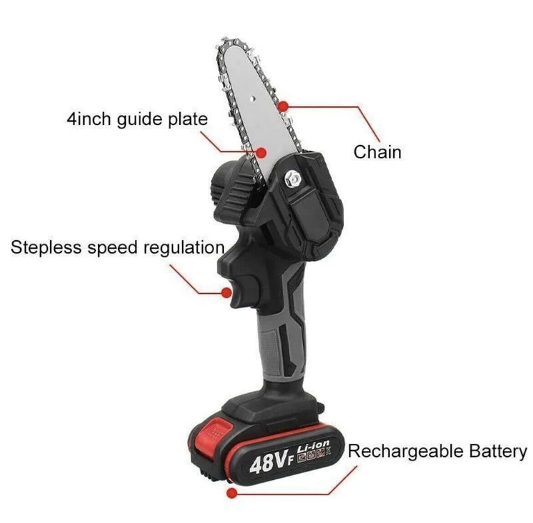 MINI MOTOSEGA A BATTERIA 48V 4POLLICI LUBRIFICATA OLIO ELETTROSEGA TAGLIARAMI